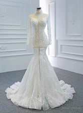 Shops Around The World White Mermaid Tulle Long Sleeve High Neck Baeading Wedding Dress